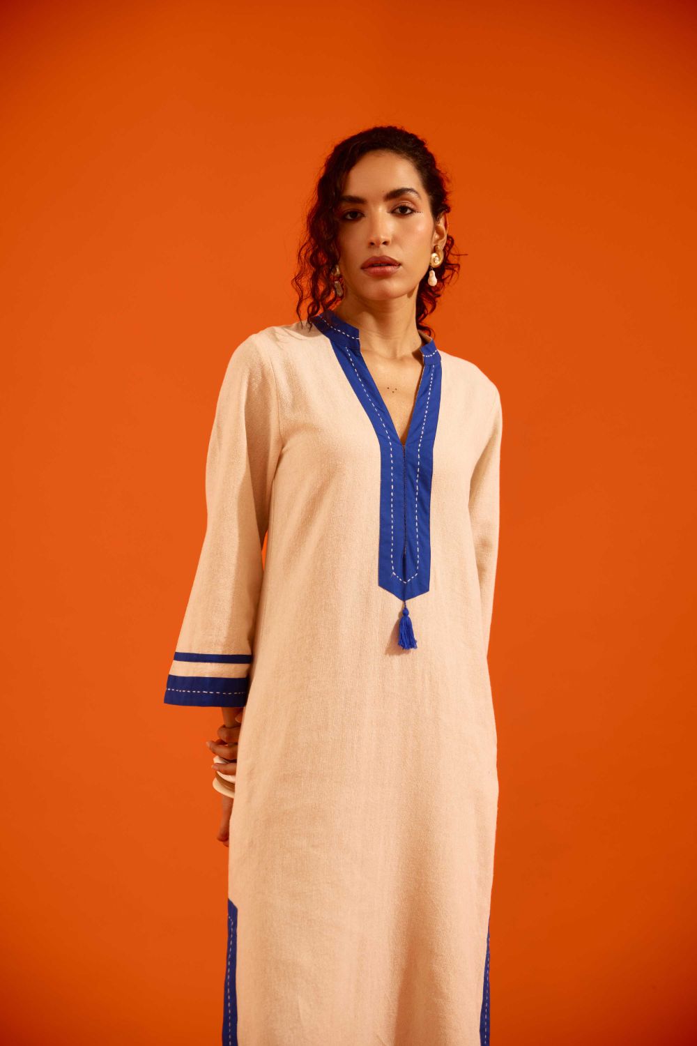 Natural Jute Tunic Set With Indigo Blue Thread Embroidery