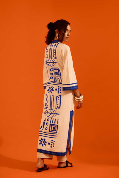 Natural Jute Tunic Set With Indigo Blue Thread Embroidery