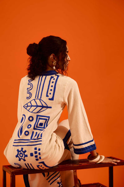 Natural Jute Tunic Set With Indigo Blue Thread Embroidery