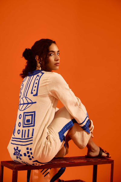 Natural Jute Tunic Set With Indigo Blue Thread Embroidery
