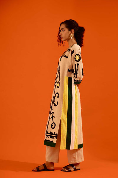 Natural Jute Thread Embroidered Tunic Set With Multi Color Maasai Motif (TRI-AW-039)