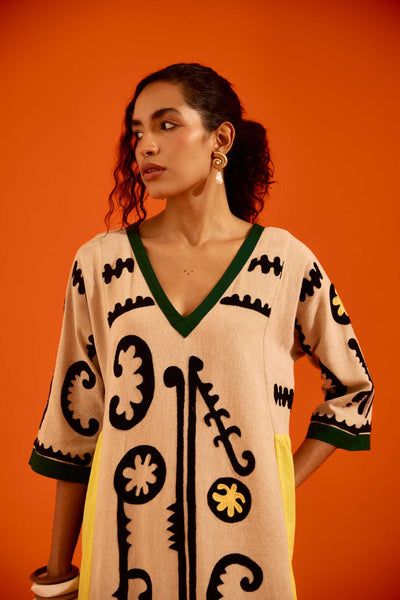 Natural Jute Thread Embroidered Tunic Set With Multi Color Maasai Motif (TRI-AW-039)