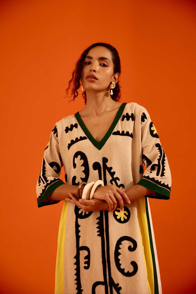 Natural Jute Thread Embroidered Tunic Set With Multi Color Maasai Motif (TRI-AW-039)