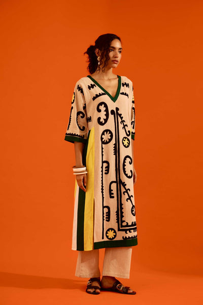 Natural Jute Thread Embroidered Tunic Set With Multi Color Maasai Motif (TRI-AW-039)