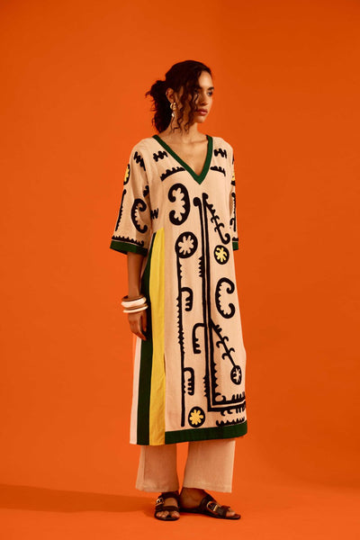 Natural Jute Thread Embroidered Tunic Set With Multi Color Maasai Motif (TRI-AW-039)