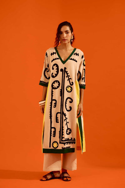 Natural Jute Thread Embroidered Tunic Set With Multi Color Maasai Motif (TRI-AW-039)