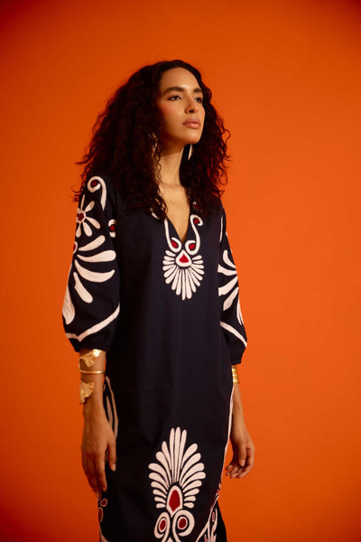 Black Cotton Botanical Maxi Thread Embroidered Dress