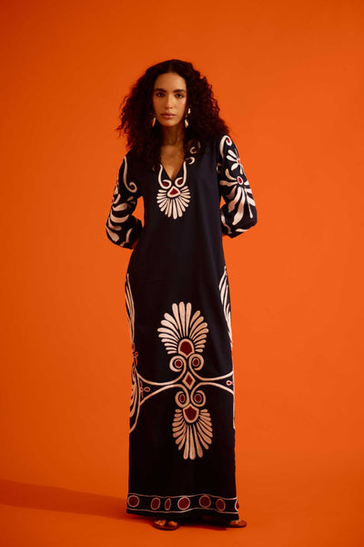 Black Cotton Botanical Maxi Thread Embroidered Dress