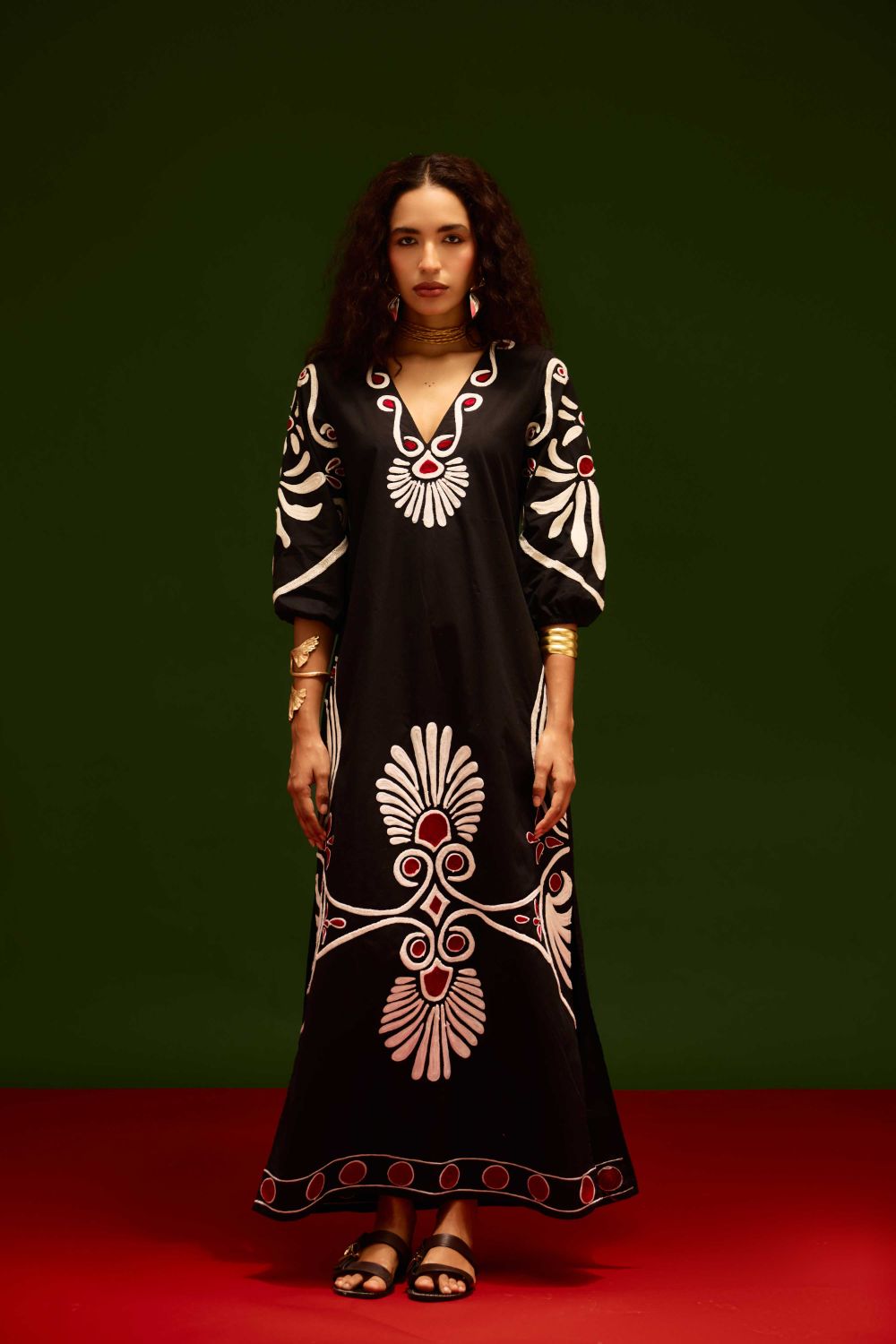 Midnight Blue Cotton Botanical Maxi Thread Embroidered Dress