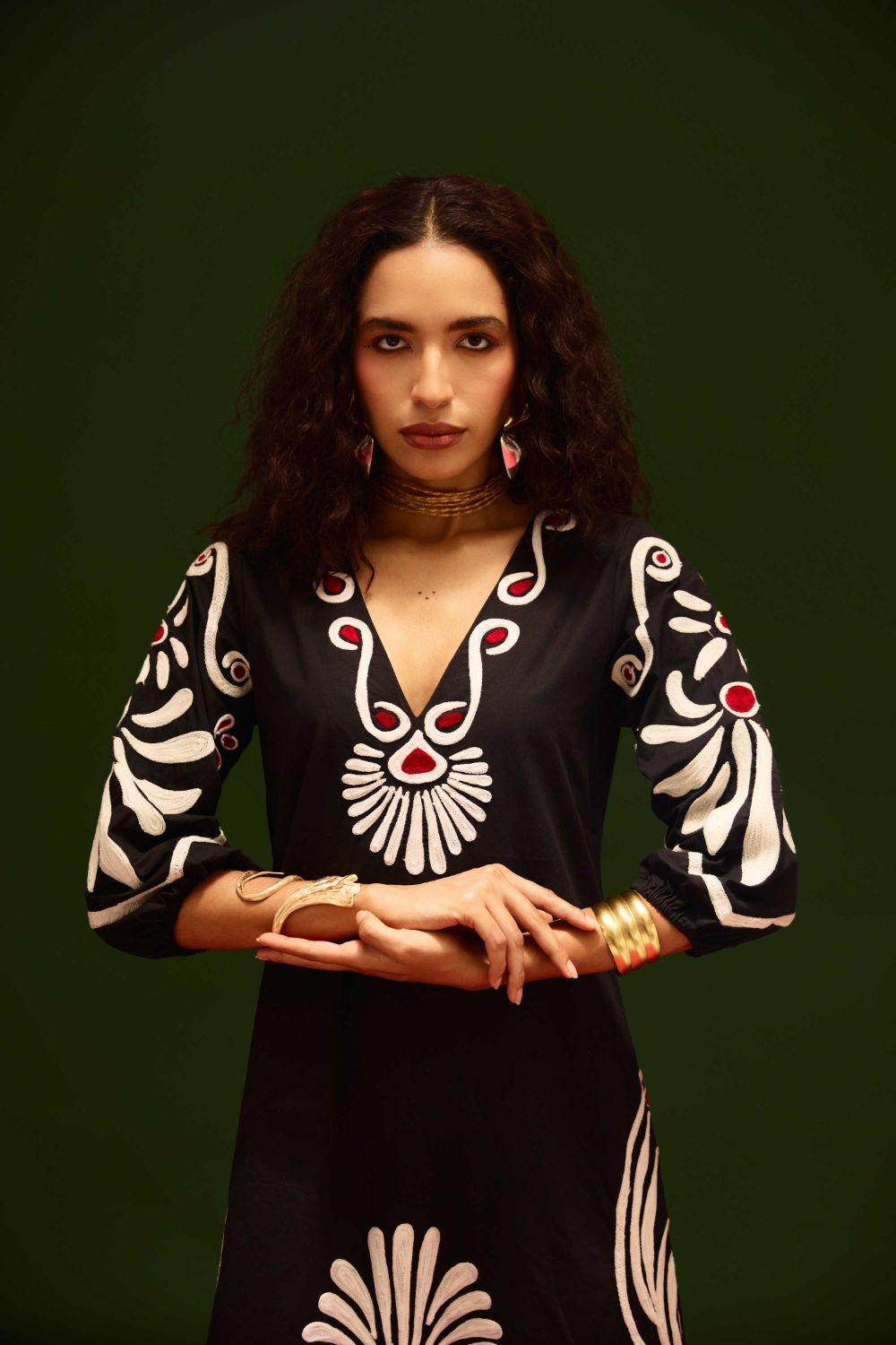 Midnight Blue Cotton Botanical Maxi Thread Embroidered Dress