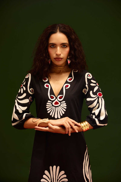 Midnight Blue Cotton Botanical Maxi Thread Embroidered Dress