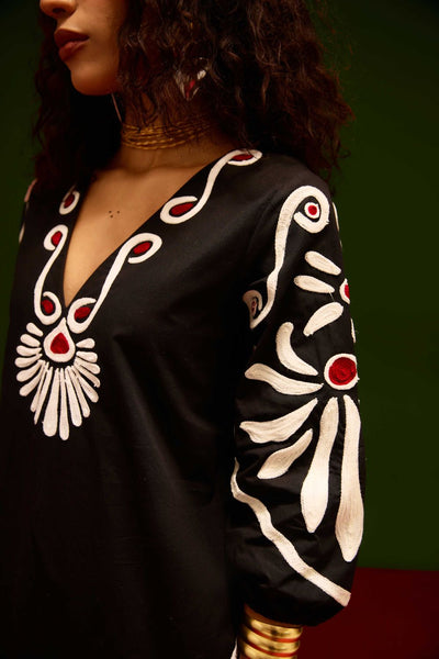 Midnight Blue Cotton Botanical Maxi Thread Embroidered Dress