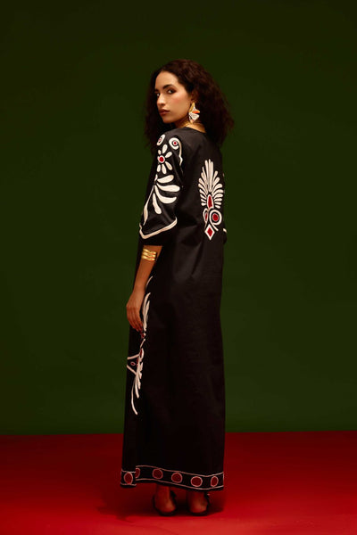 Midnight Blue Cotton Botanical Maxi Thread Embroidered Dress