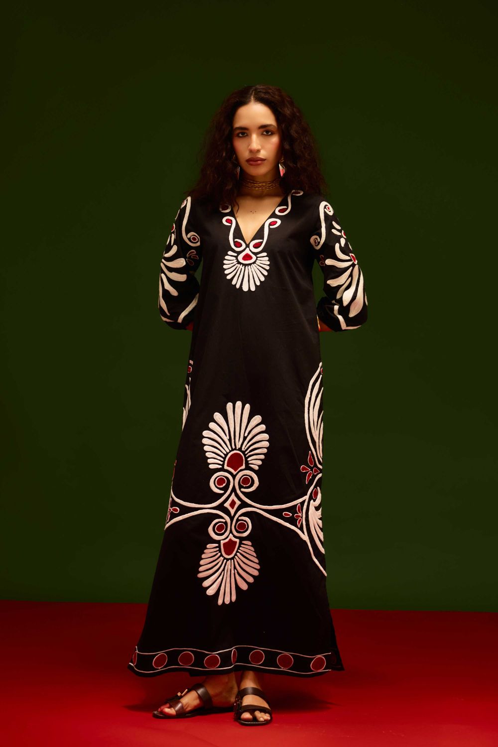 Midnight Blue Cotton Botanical Maxi Thread Embroidered Dress