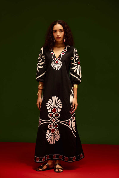 Midnight Blue Cotton Botanical Maxi Thread Embroidered Dress