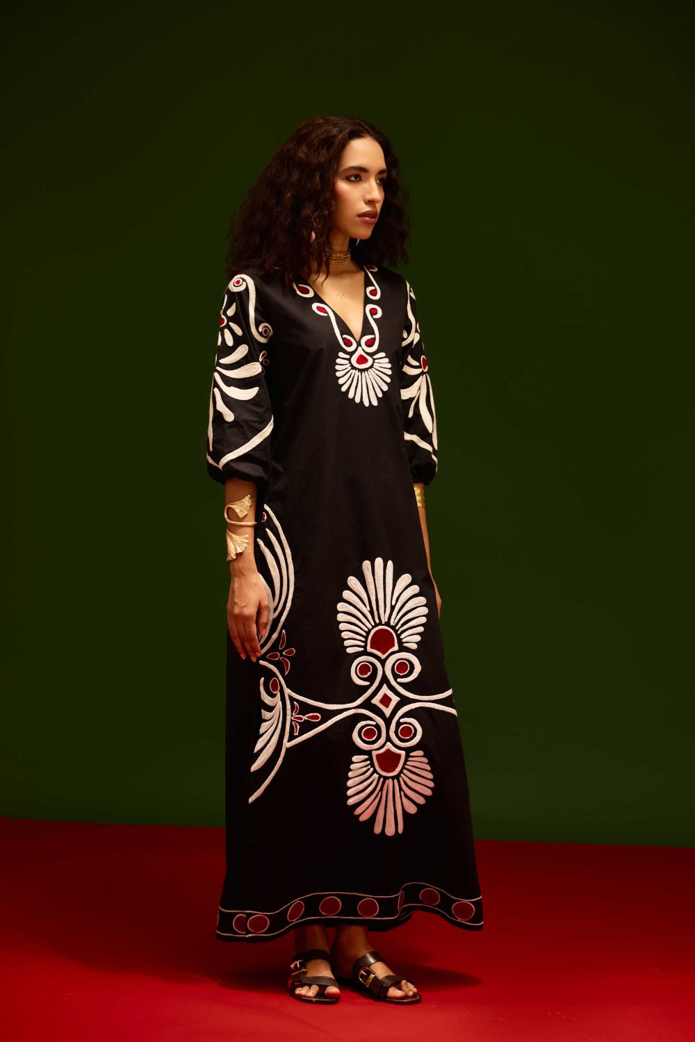 Midnight Blue Cotton Botanical Maxi Thread Embroidered Dress