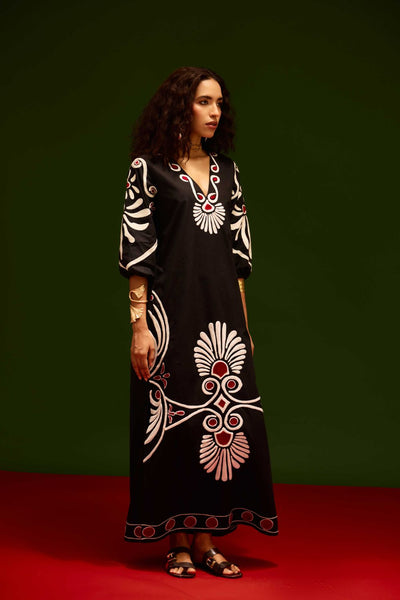 Midnight Blue Cotton Botanical Maxi Thread Embroidered Dress