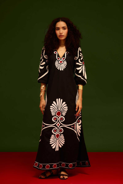 Midnight Blue Cotton Botanical Maxi Thread Embroidered Dress