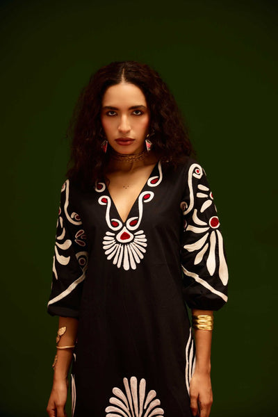 Midnight Blue Cotton Botanical Maxi Thread Embroidered Dress