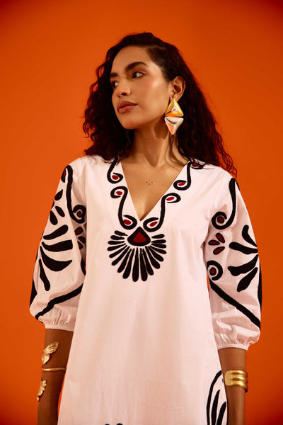 Ivory Cotton Botanical Maxi Thread Embroidered Dress