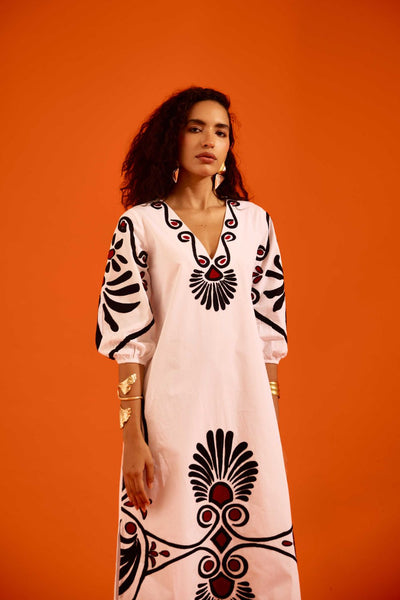 Ivory Cotton Botanical Maxi Thread Embroidered Dress