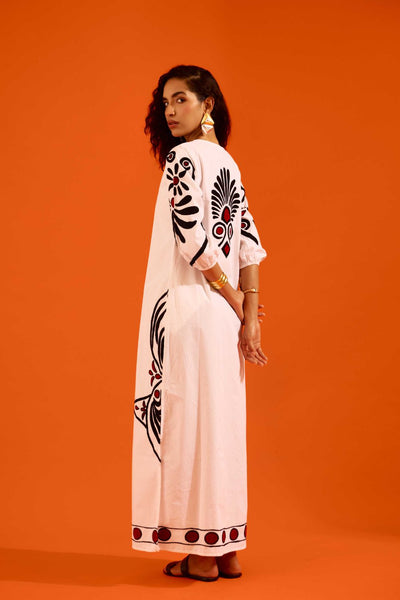 Ivory Cotton Botanical Maxi Thread Embroidered Dress