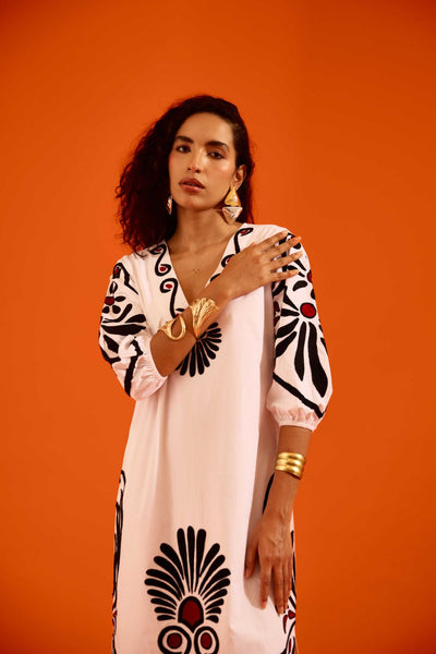 Ivory Cotton Botanical Maxi Thread Embroidered Dress