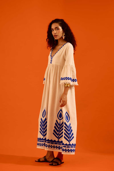 Natural Jute Maxi Dress With Indigo Petal Thread Embroidery