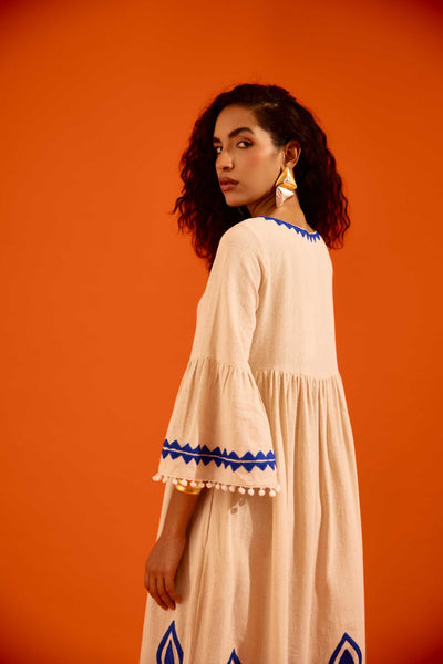 Natural Jute Maxi Dress With Indigo Petal Thread Embroidery