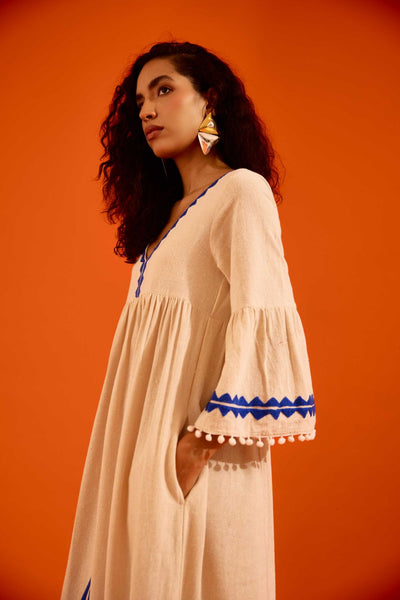 Natural Jute Maxi Dress With Indigo Petal Thread Embroidery