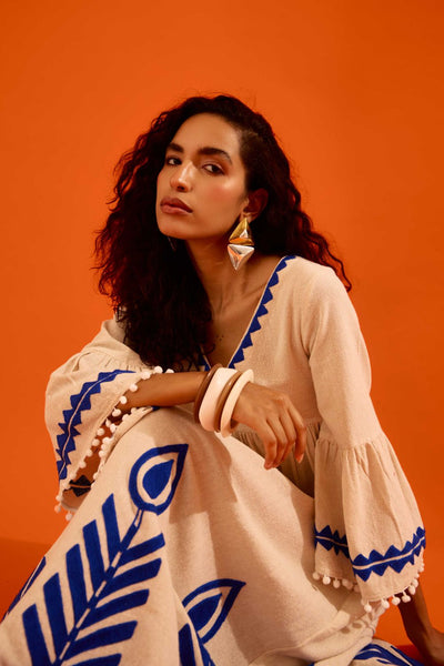 Natural Jute Maxi Dress With Indigo Petal Thread Embroidery