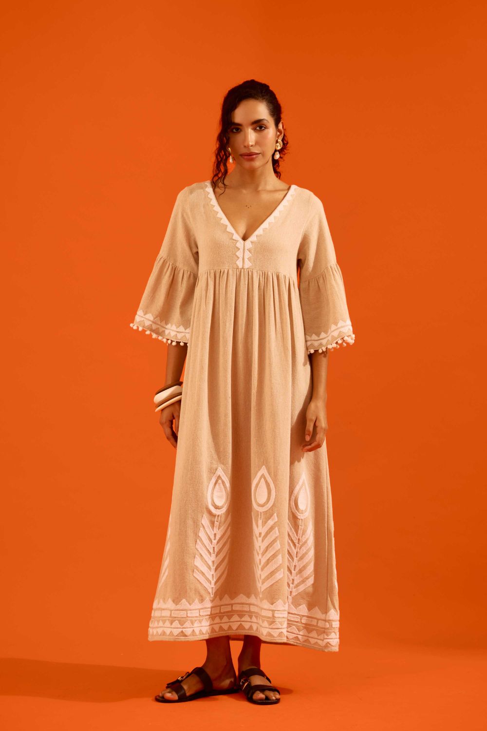 Natural Jute Maxi Dress With Ivory Petal Thread Embroidery