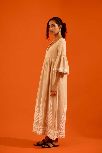 Natural Jute Maxi Dress With Ivory Petal Thread Embroidery