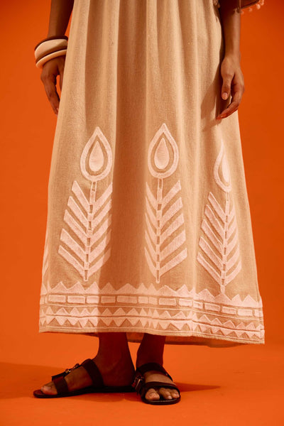 Natural Jute Maxi Dress With Ivory Petal Thread Embroidery