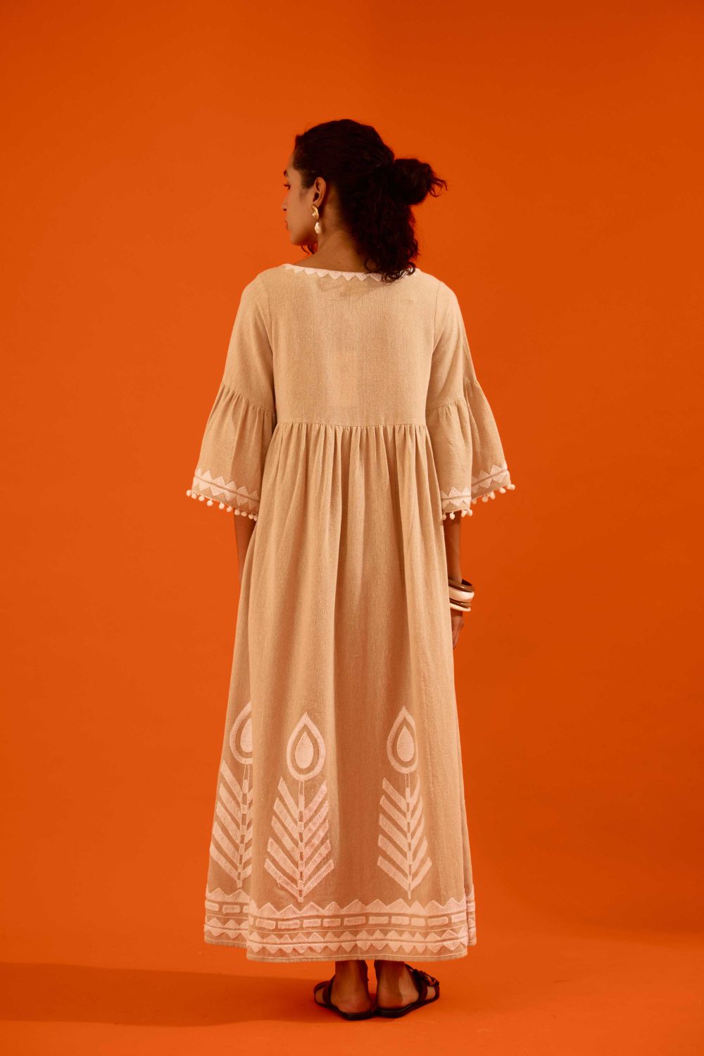 Natural Jute Maxi Dress With Ivory Petal Thread Embroidery