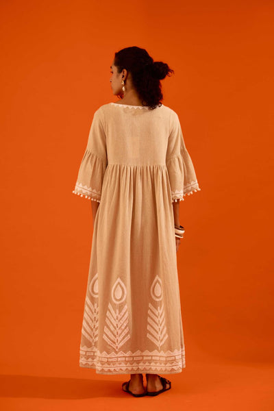 Natural Jute Maxi Dress With Ivory Petal Thread Embroidery