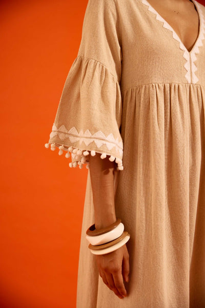 Natural Jute Maxi Dress With Ivory Petal Thread Embroidery