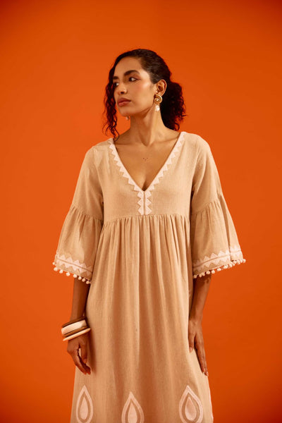Natural Jute Maxi Dress With Ivory Petal Thread Embroidery