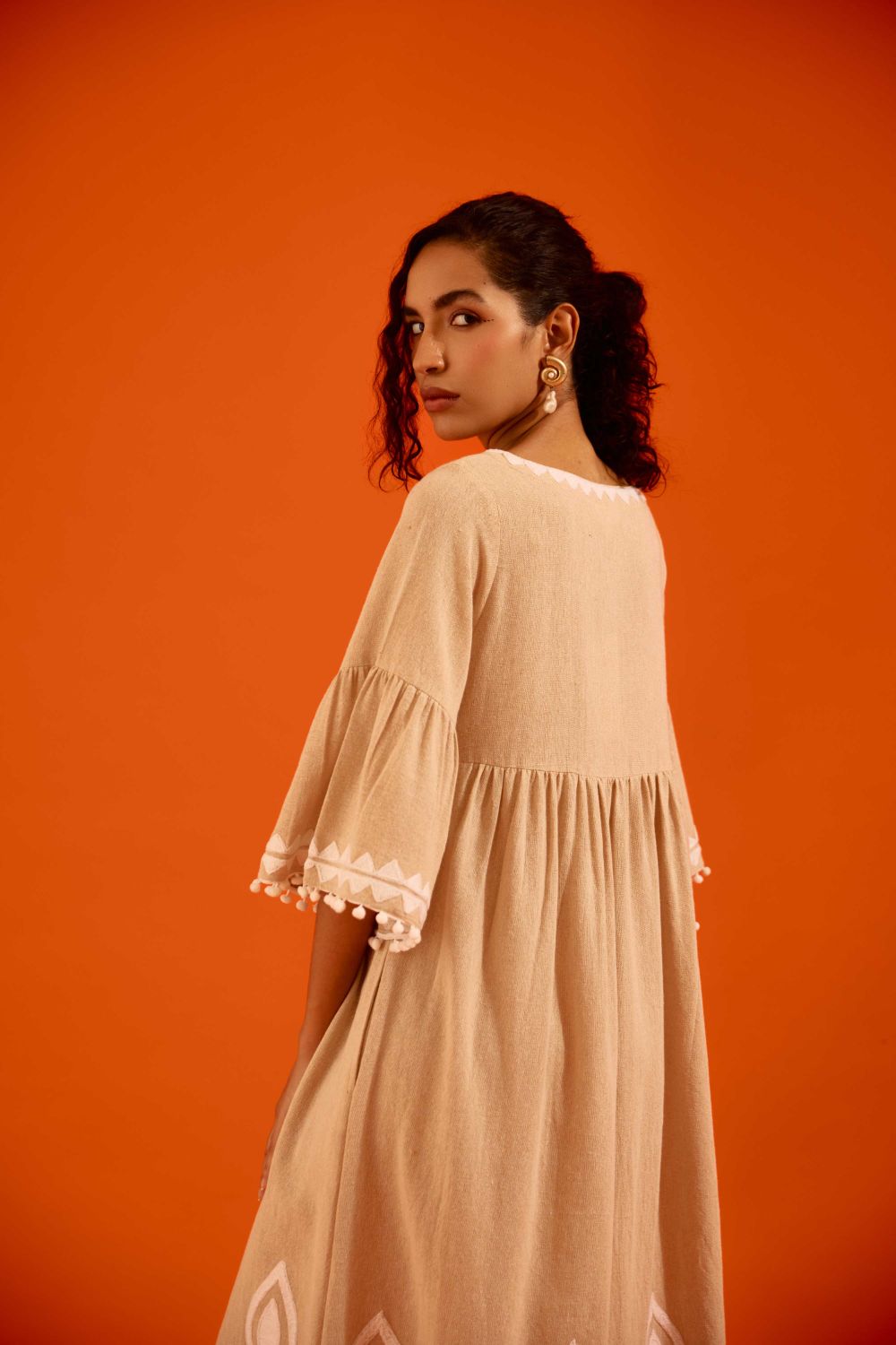 Natural Jute Maxi Dress With Ivory Petal Thread Embroidery