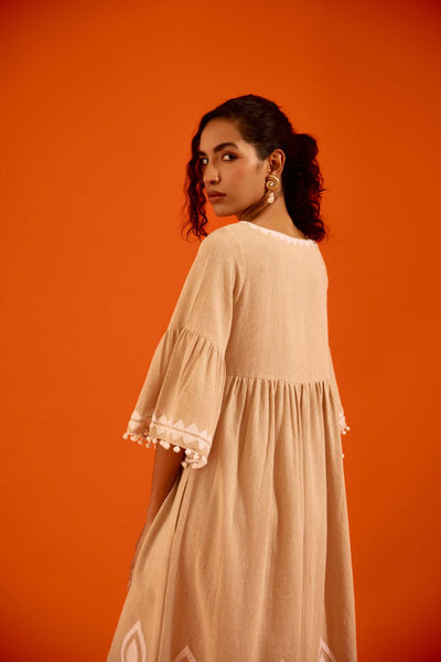 Natural Jute Maxi Dress With Ivory Petal Thread Embroidery