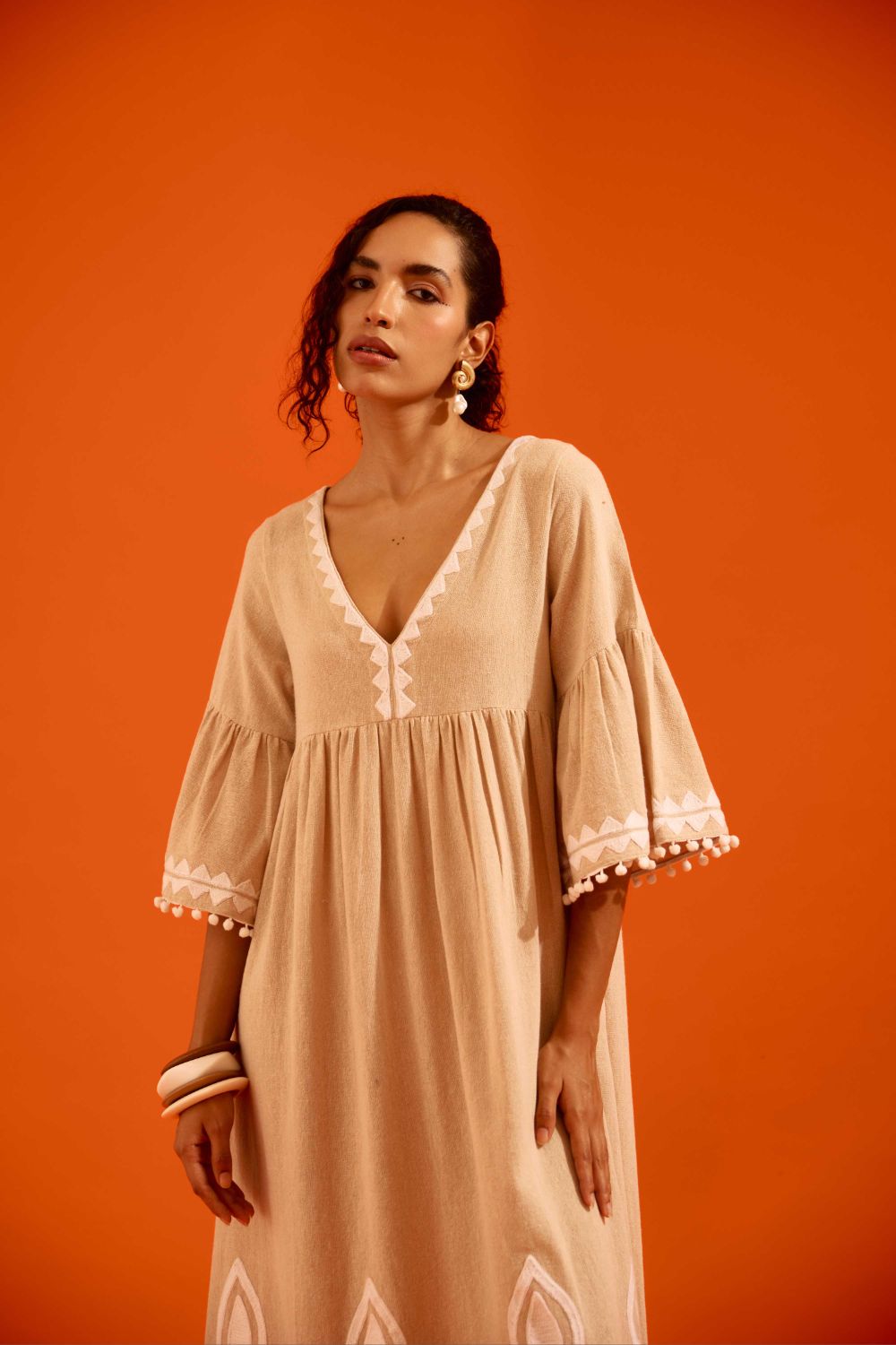 Natural Jute Maxi Dress With Ivory Petal Thread Embroidery