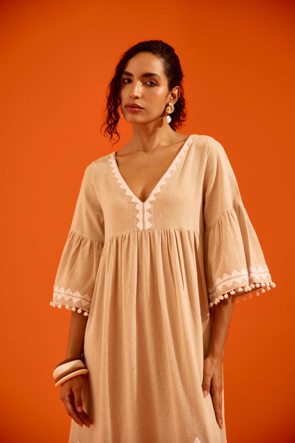 Natural Jute Maxi Dress With Ivory Petal Thread Embroidery