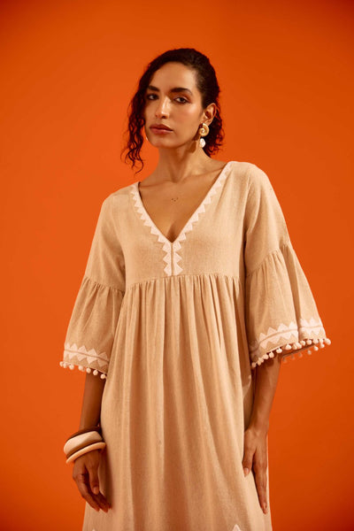 Natural Jute Maxi Dress With Ivory Petal Thread Embroidery