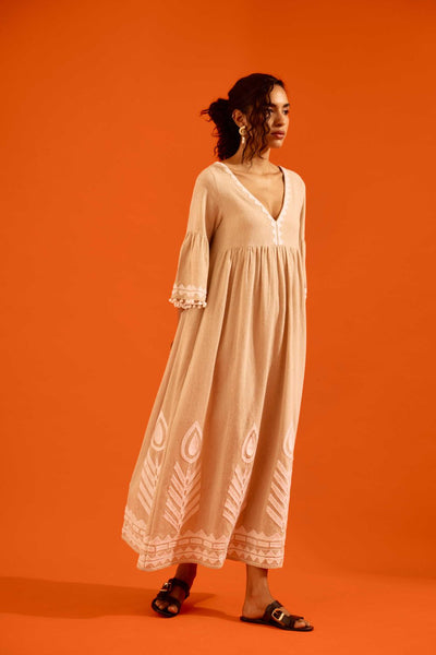 Natural Jute Maxi Dress With Ivory Petal Thread Embroidery