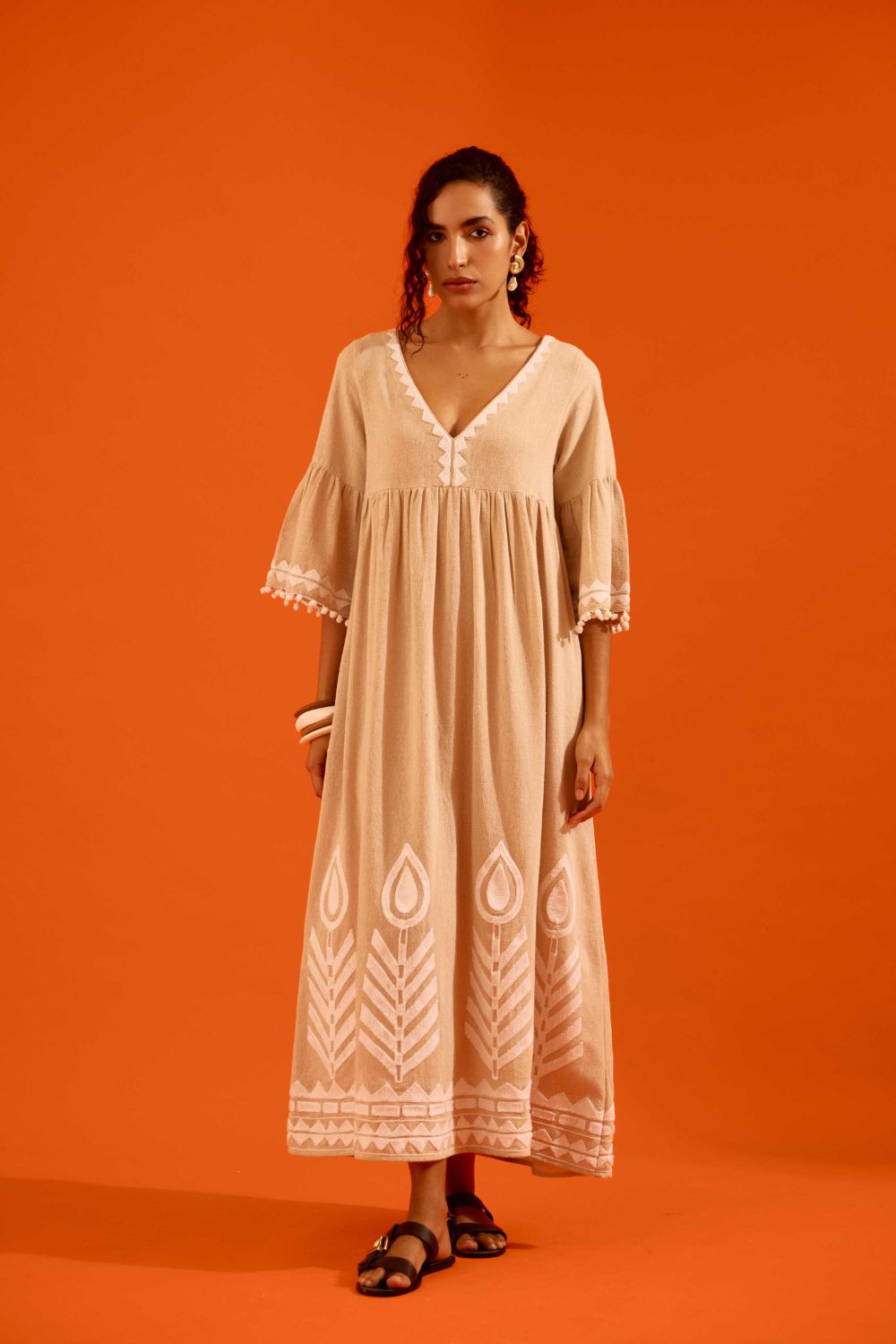 Natural Jute Maxi Dress With Ivory Petal Thread Embroidery