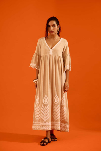 Natural Jute Maxi Dress With Ivory Petal Thread Embroidery