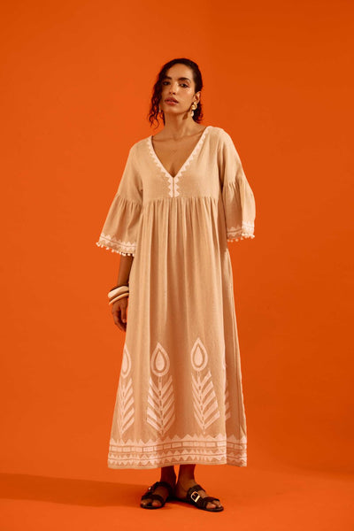 Natural Jute Maxi Dress With Ivory Petal Thread Embroidery