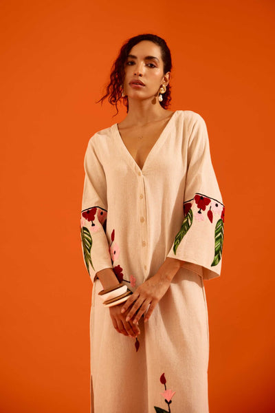 Natural Jute Maxi Dress With Multi Color Floral Thread Embroidery