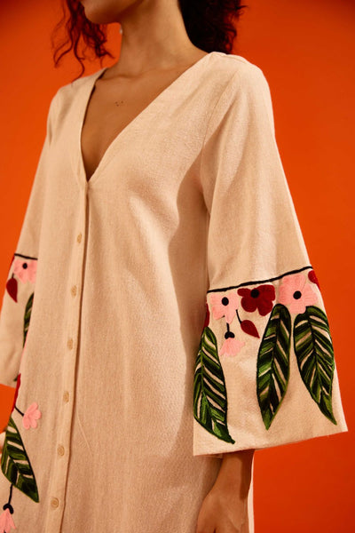 Natural Jute Maxi Dress With Multi Color Floral Thread Embroidery