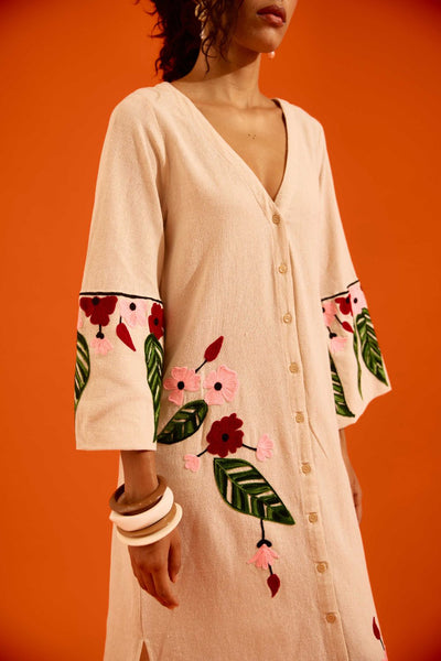 Natural Jute Maxi Dress With Multi Color Floral Thread Embroidery